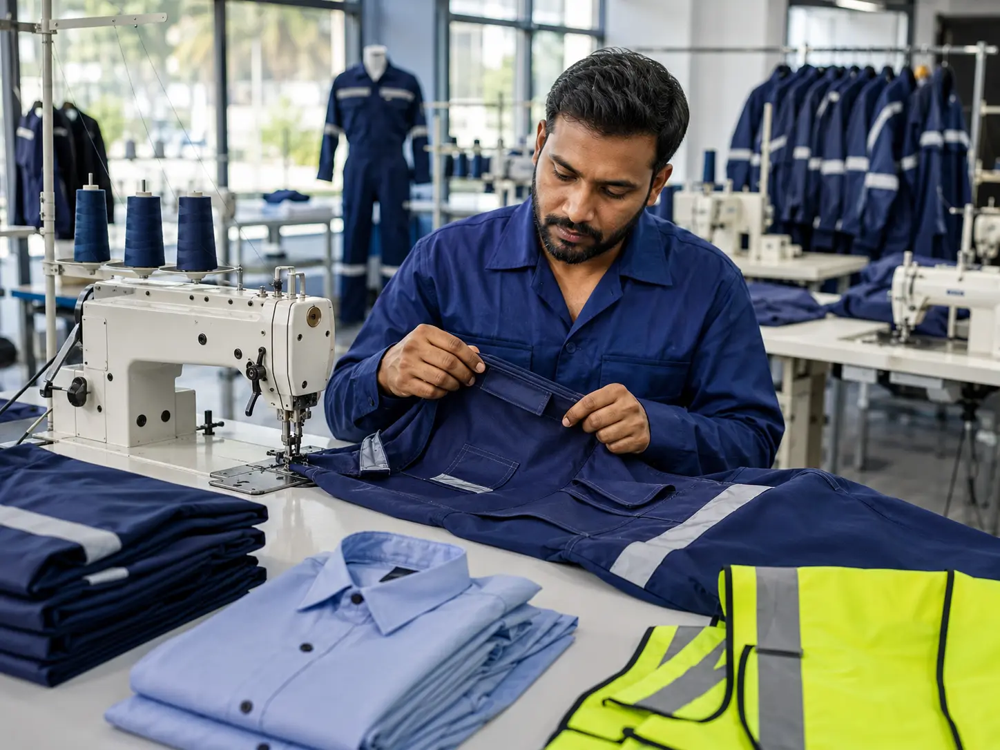 Tailor producing industrial workwear at Homna workshop