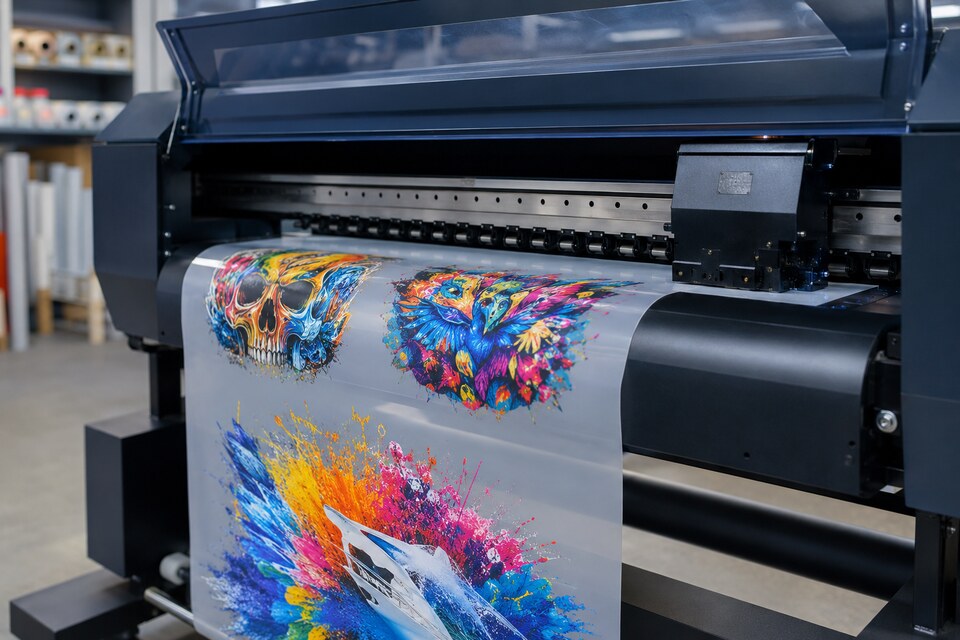 Colourful DTF transfer film emerging from a roll-fed printing machine