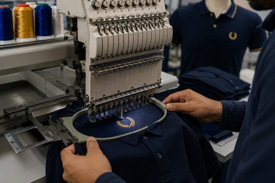 Machine embroidering a gold emblem onto a navy polo shirt