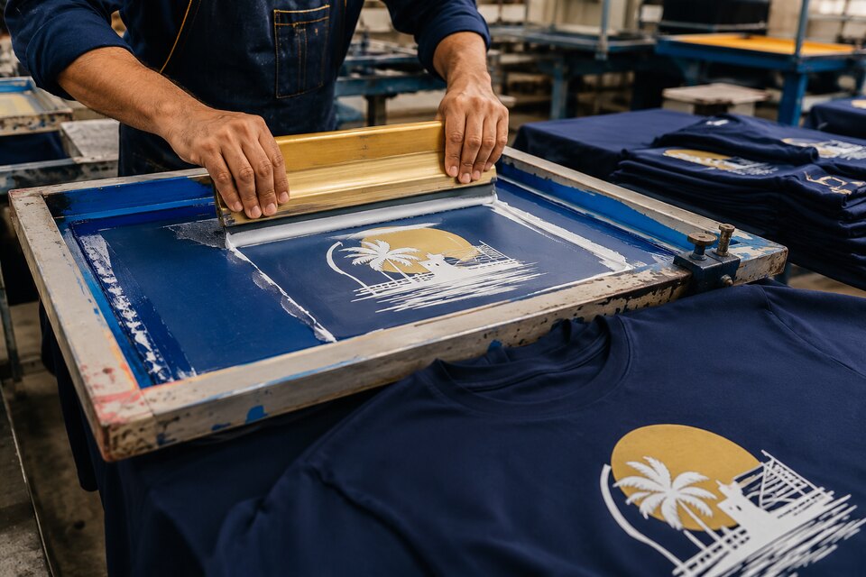Screen printing process on navy garment fabric