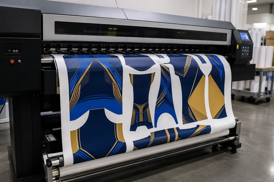 Sports jersey patterns emerging from a large-format sublimation printer